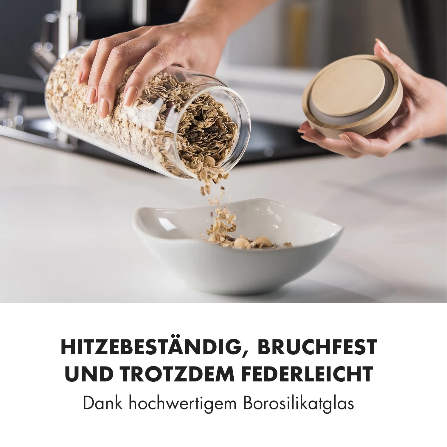 Glaswerk Lovage Vorratsgläser 1,1 L 3er Set Borosilikatglas Akazienholzdeckel Silikon 5 Glaswerk Lovage Vorratsgläser 1,1 L 3er Set Borosilikatglas Akazienholzdeckel Silikon – Bild 3