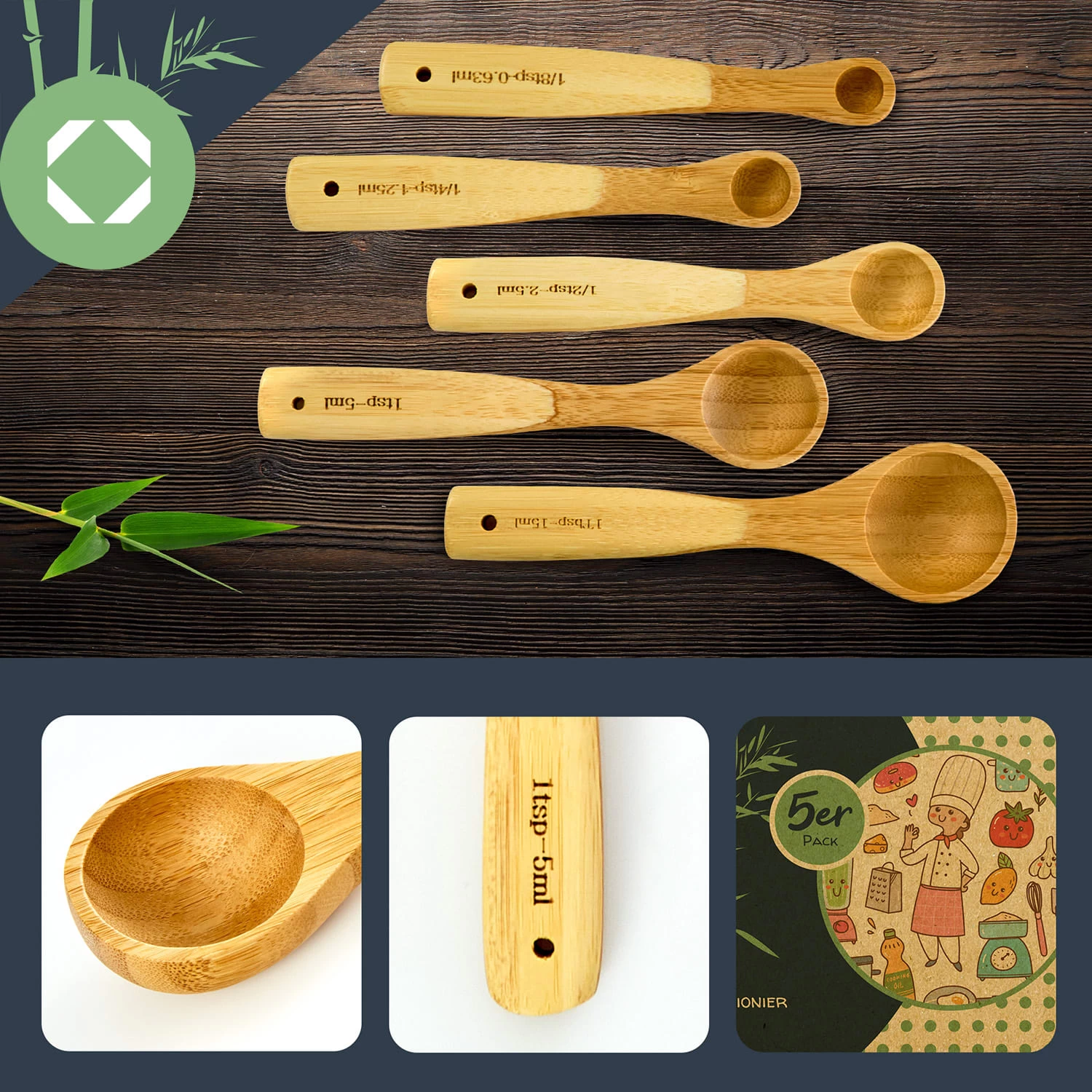 Messlöffel-Set Back- Und Kochbesteck Ideales Abmessen 5er-Set Bambus 4 Messlöffel-Set Back- Und Kochbesteck Ideales Abmessen 5er-Set Bambus – Bild 2
