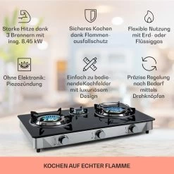 Barzona 3 Campingkocher 3 Brenner 3,4 KW & 0,75 KW & 4,3 KW Glasplatte & Edelstahlgehäuse -Küchengeräte Geschäft 10040045 de 0002 usp