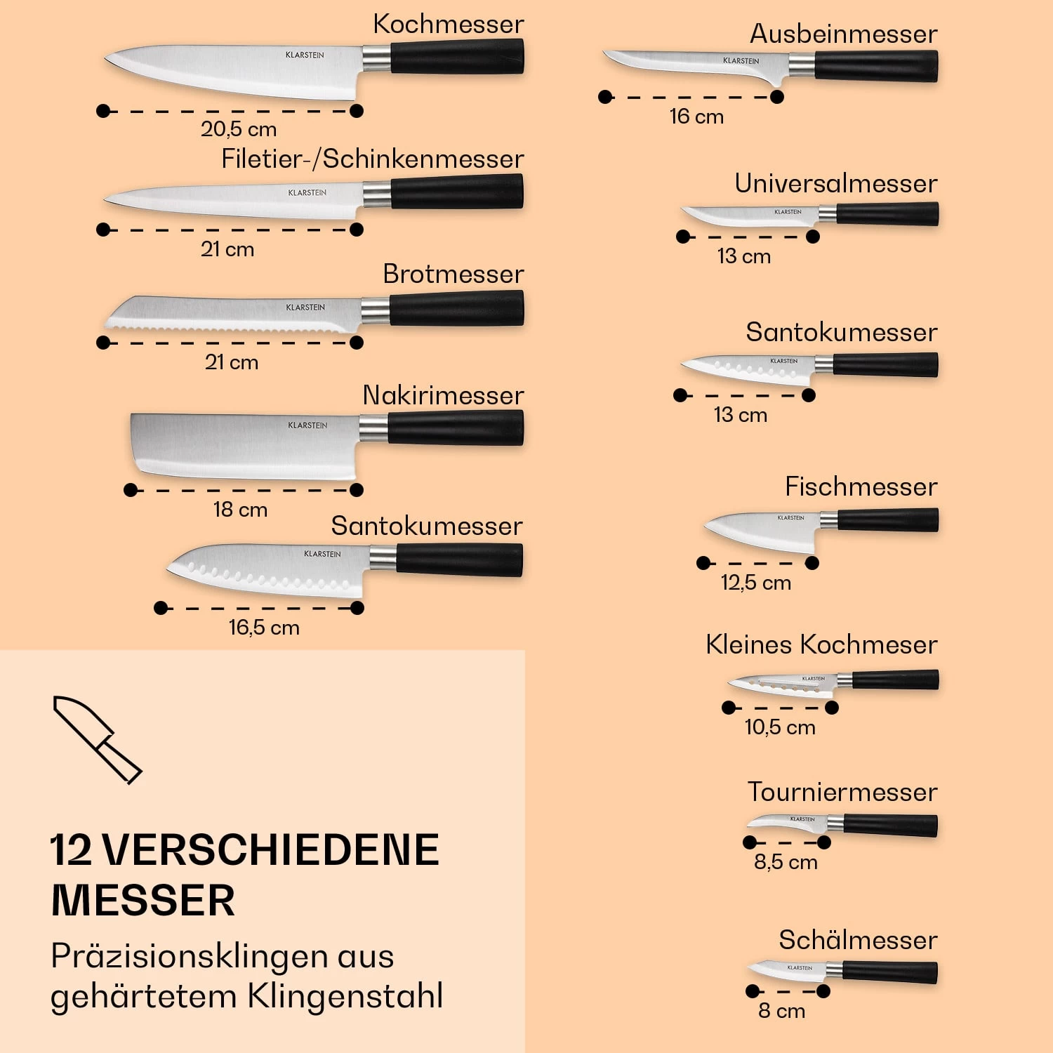 Kitano XL 13tlg. Messer-Set Mit Block 12 Messer Stahl Edler Holzblock 5 Kitano XL 13tlg. Messer-Set Mit Block 12 Messer Stahl Edler Holzblock – Bild 3